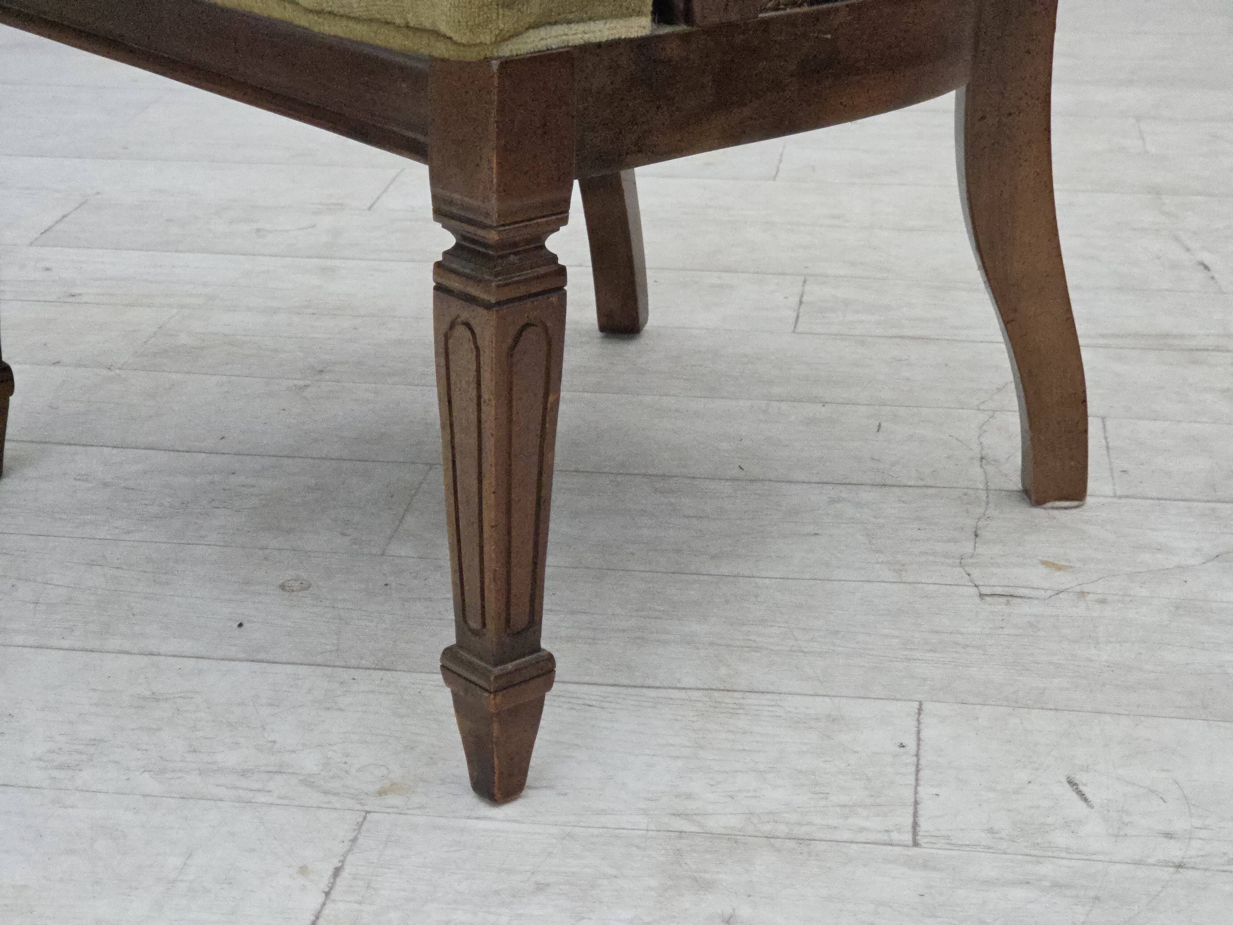 1950s, Danish easy chair, furniture velour, furniture mesh, oak wood.