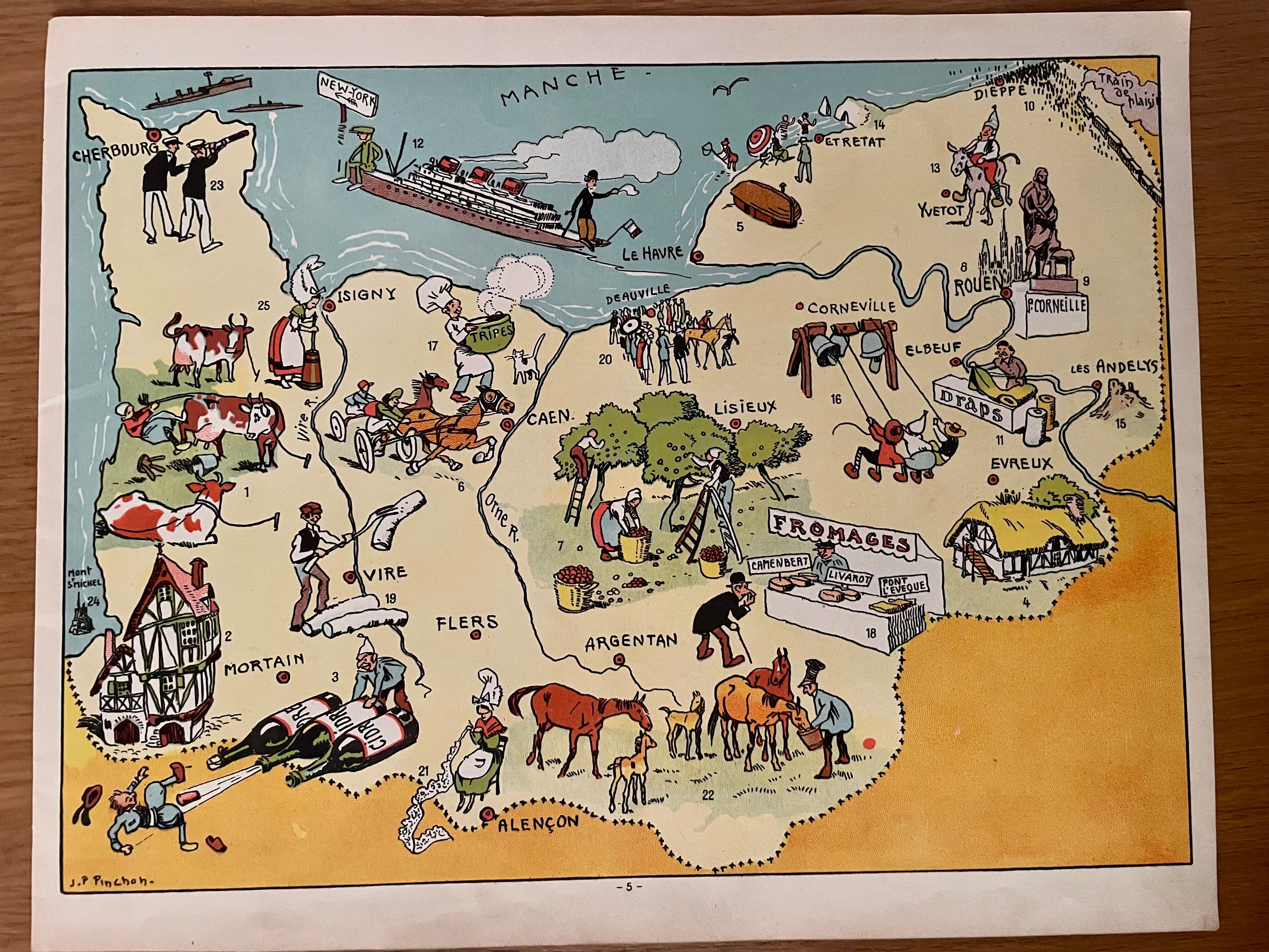 Old illustrated map of Normandy 1929 - JP Pinchon