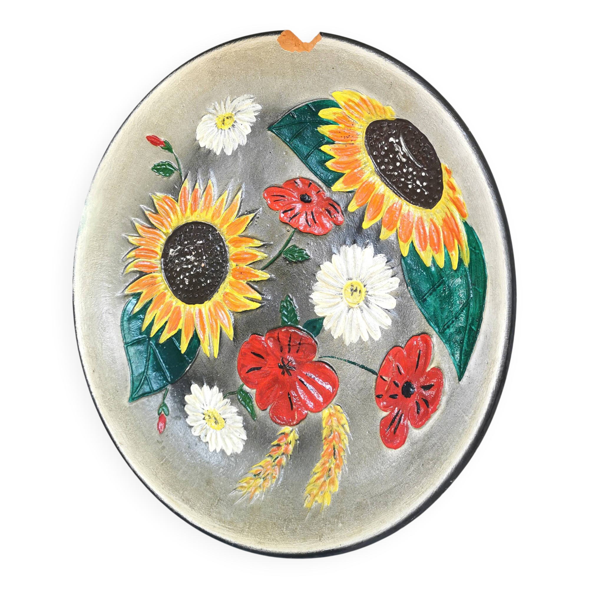 Vintage Hand-Painted Floral Clay Wall Plate - 1970s Yugoslavia