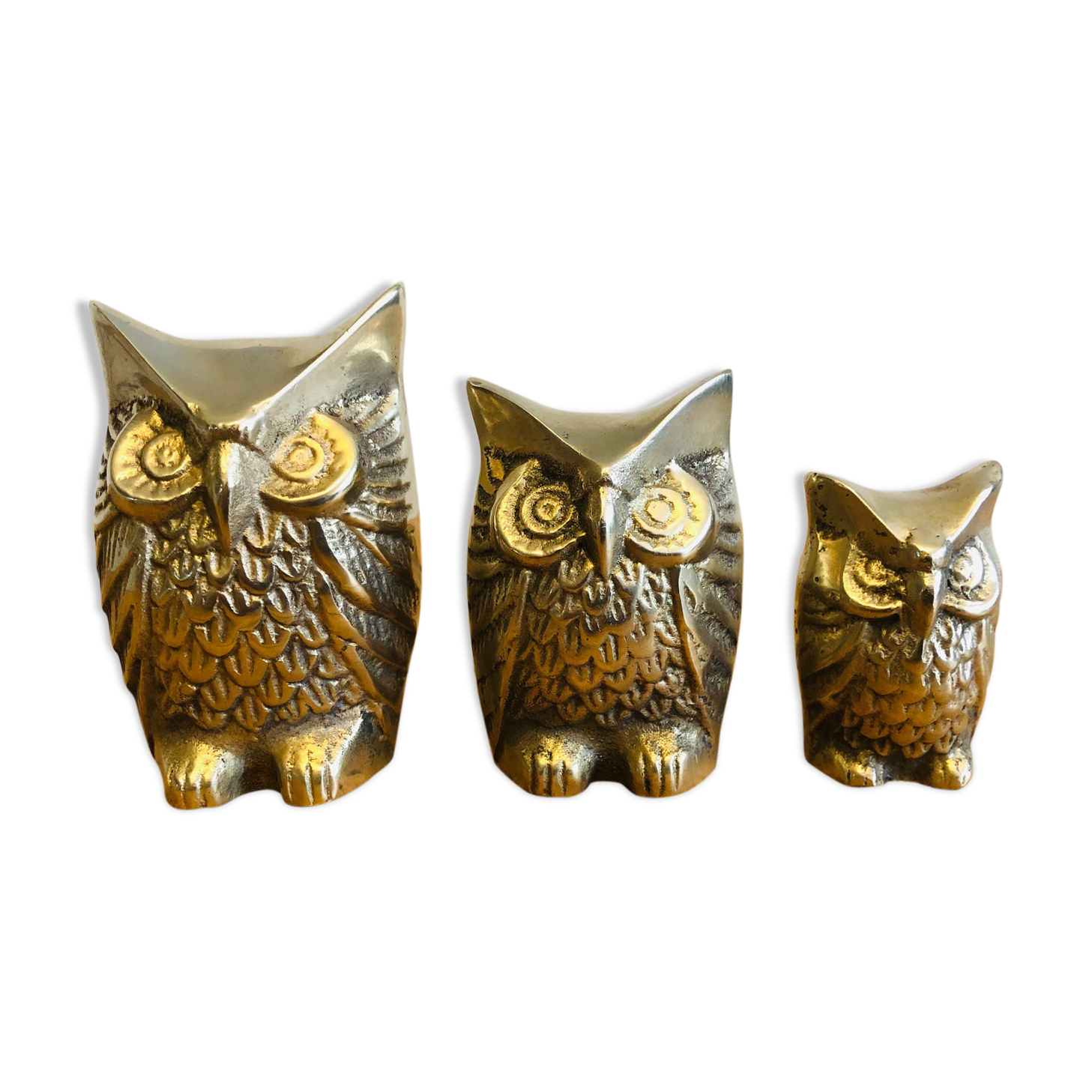 Trio of 3 owls in vintage brass