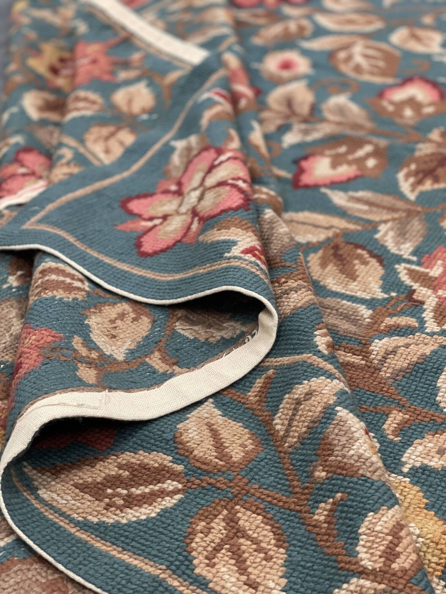 Large Floral Needlepoint Rug 217x277cm Teal Green Traditional Flatweave Carpet