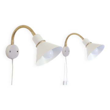Pair of Scandinavian wall sconces, white and gold metal.