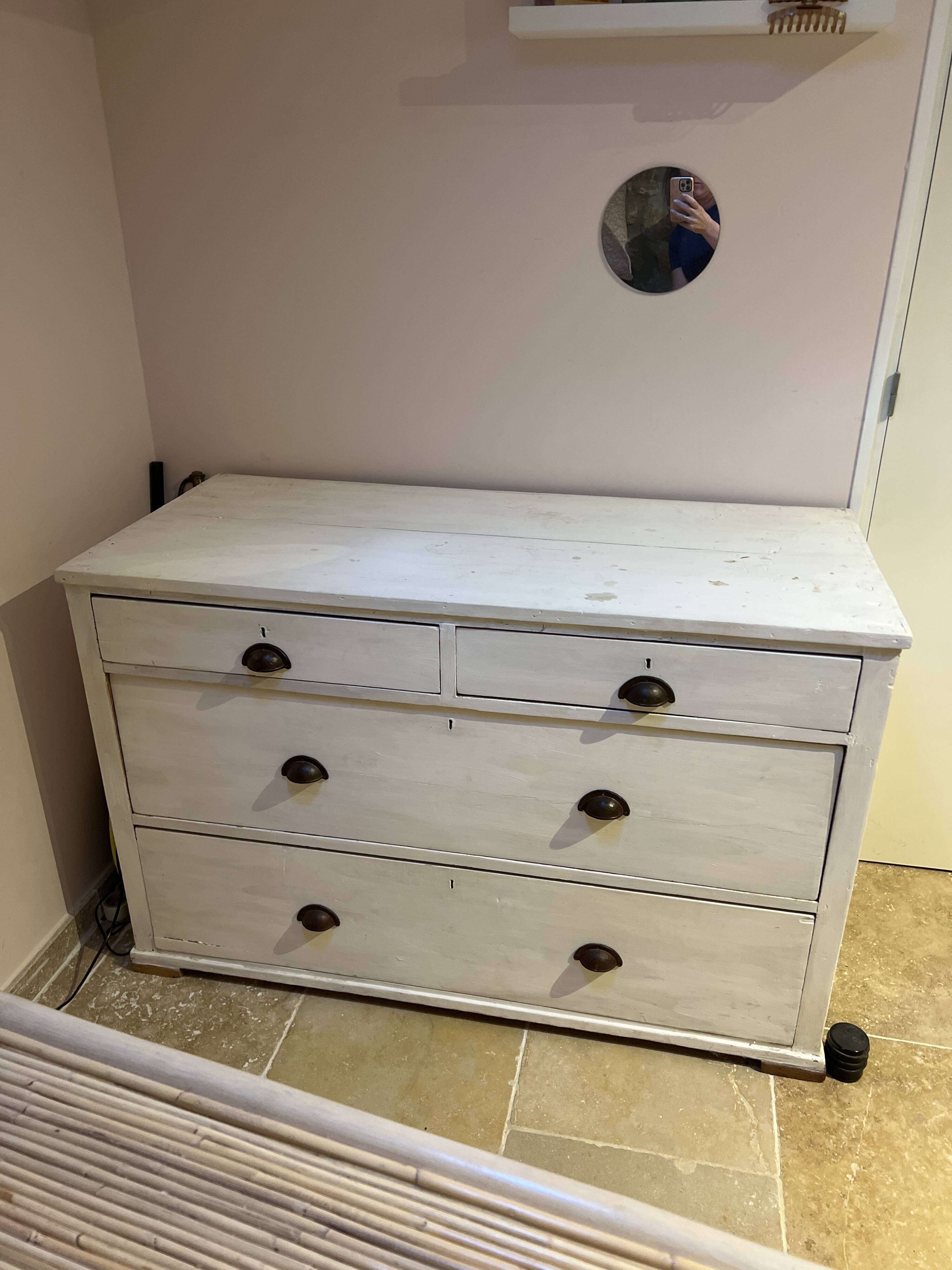 Sturdy antique sideboard with solid wood and drawers.