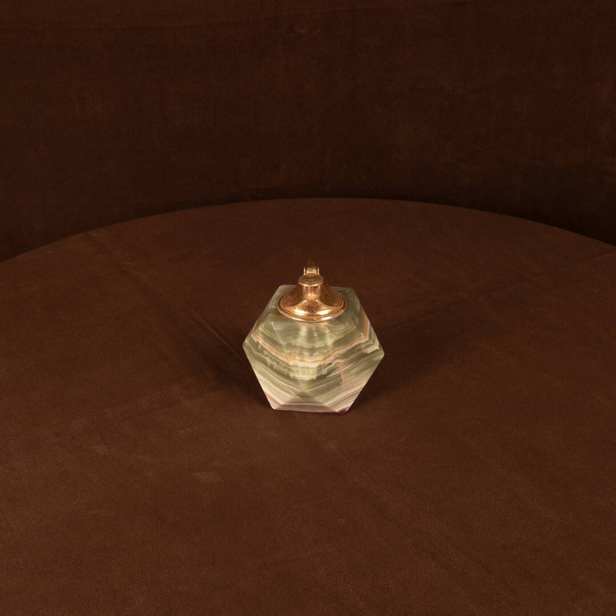 Italian Geometric Green Onyx and Brass Table Lighter, 1970