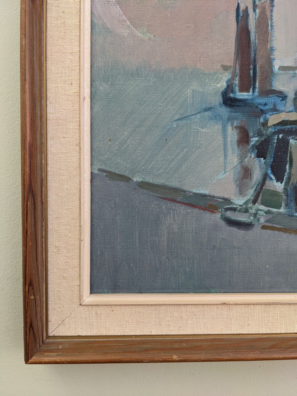 Mid 20th Century "Harbour Sundown" Swedish Modernist Coastal Scape Oil Painting, Framed