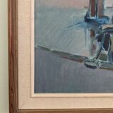 Mid 20th Century "Harbour Sundown" Swedish Modernist Coastal Scape Oil Painting, Framed