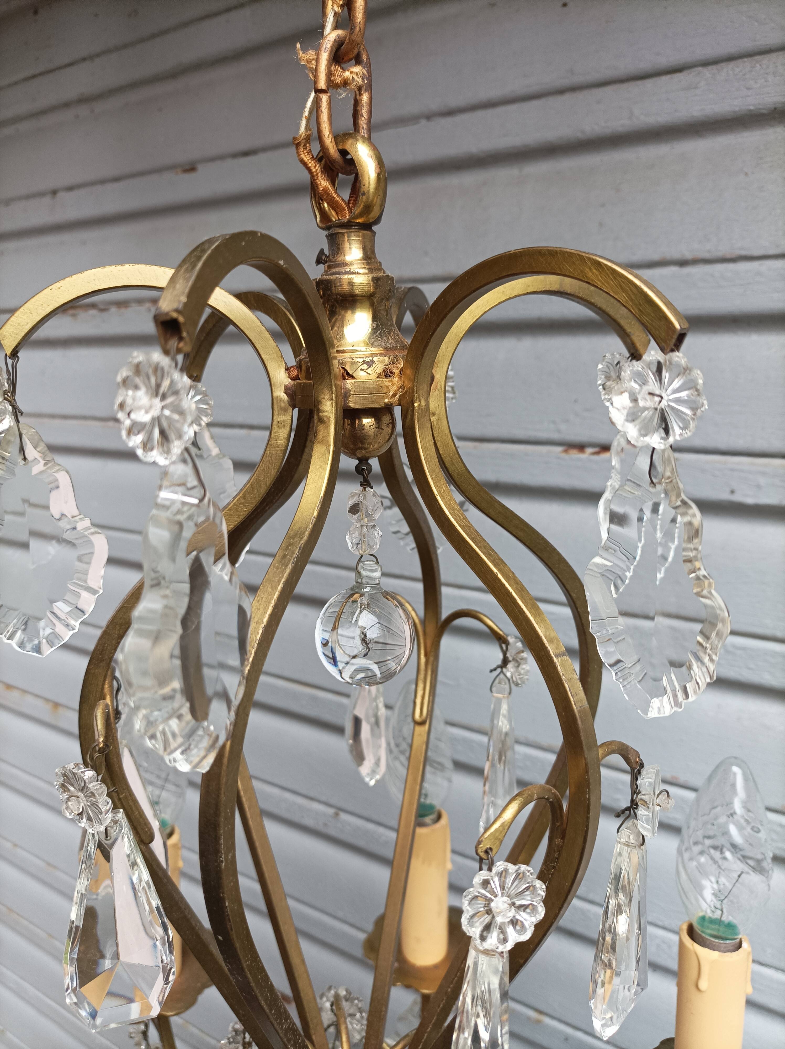 Remarkable 6-light cage chandelier with crystal pendants, complete and in working order.