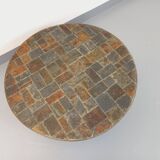 Vintage brutalist round coffee table in metal and slate from the 70s