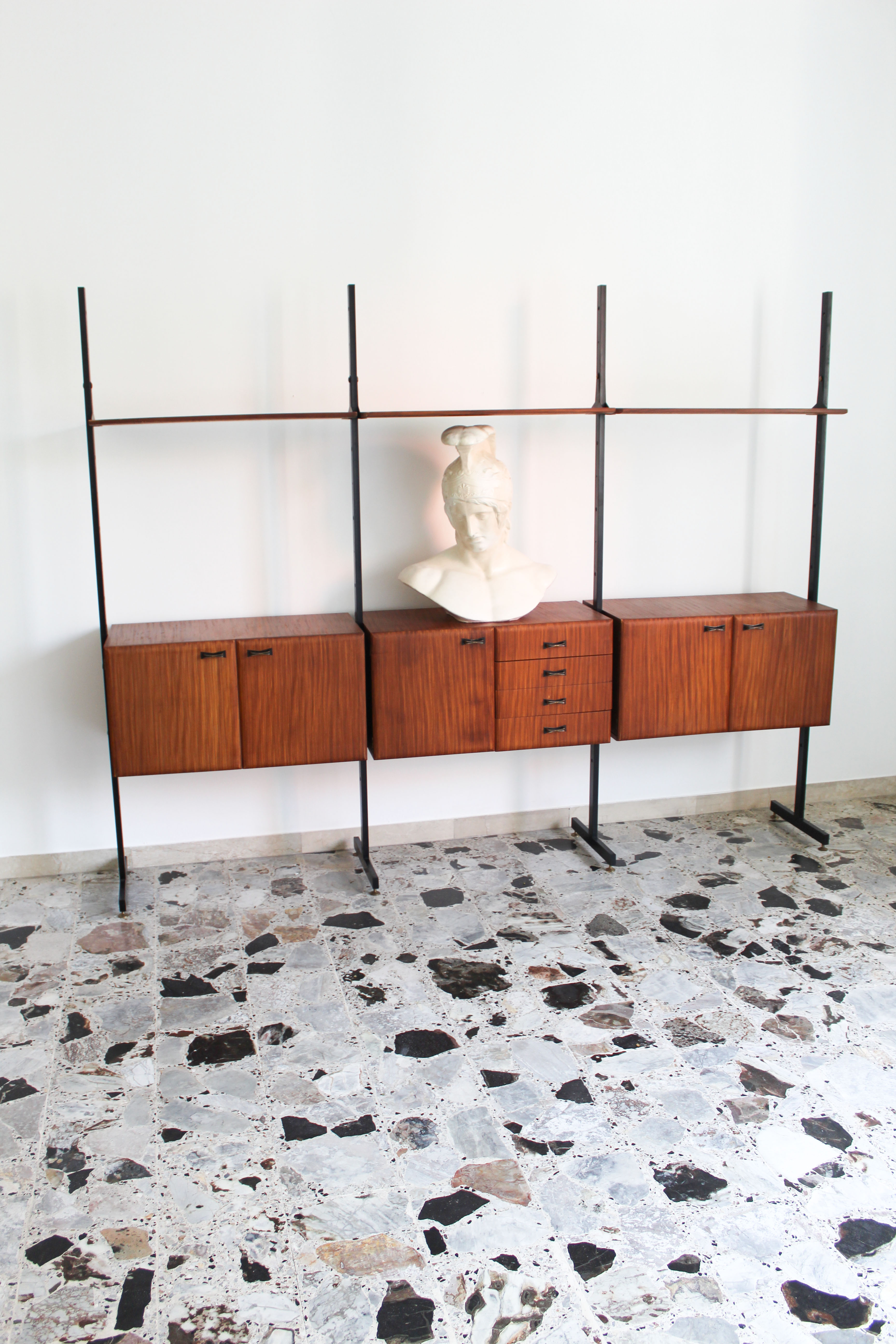 Bookcase in slab wood and black metal, Italy 50s