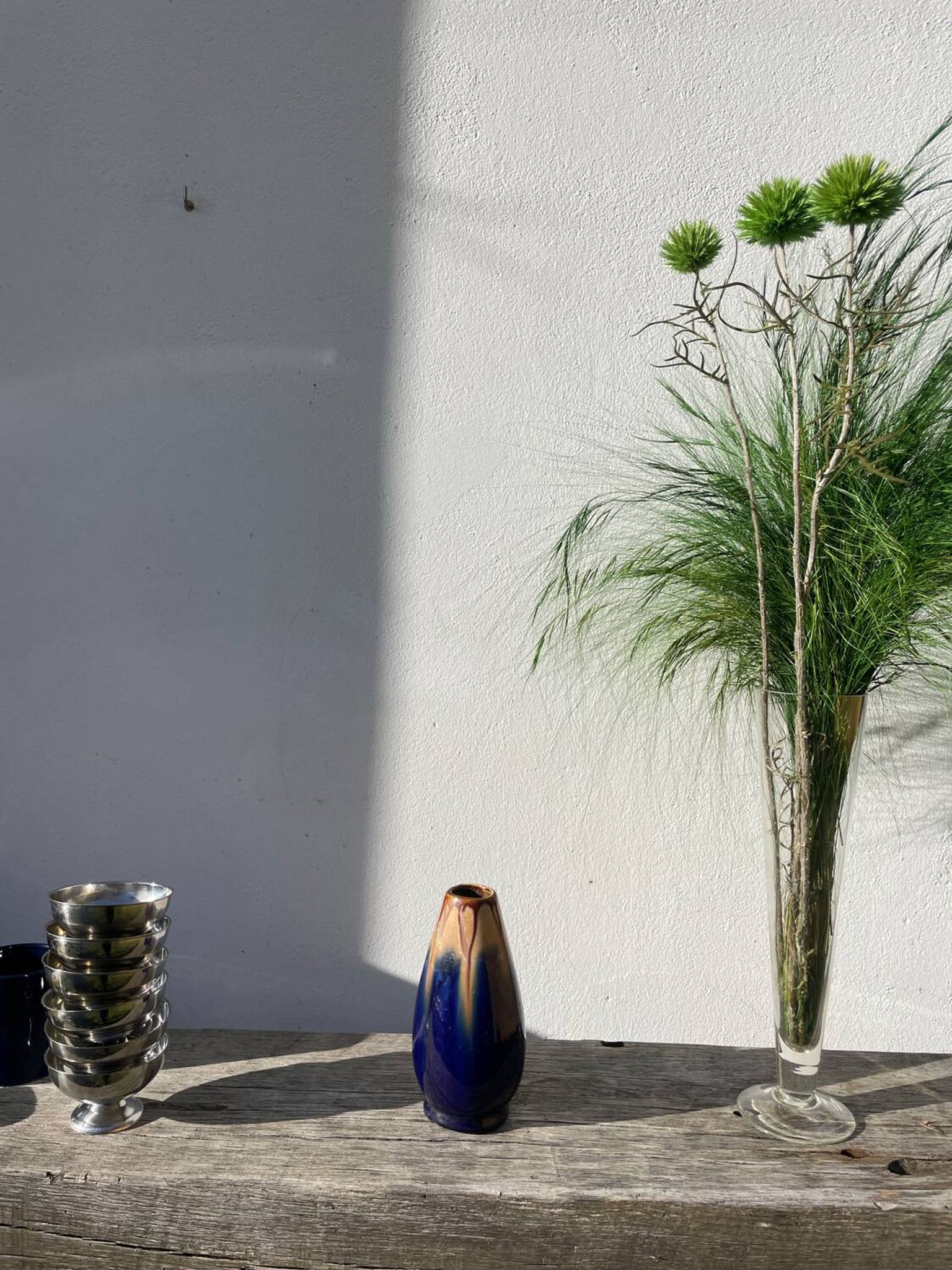 Belgian vase in blue and beige flamed stoneware