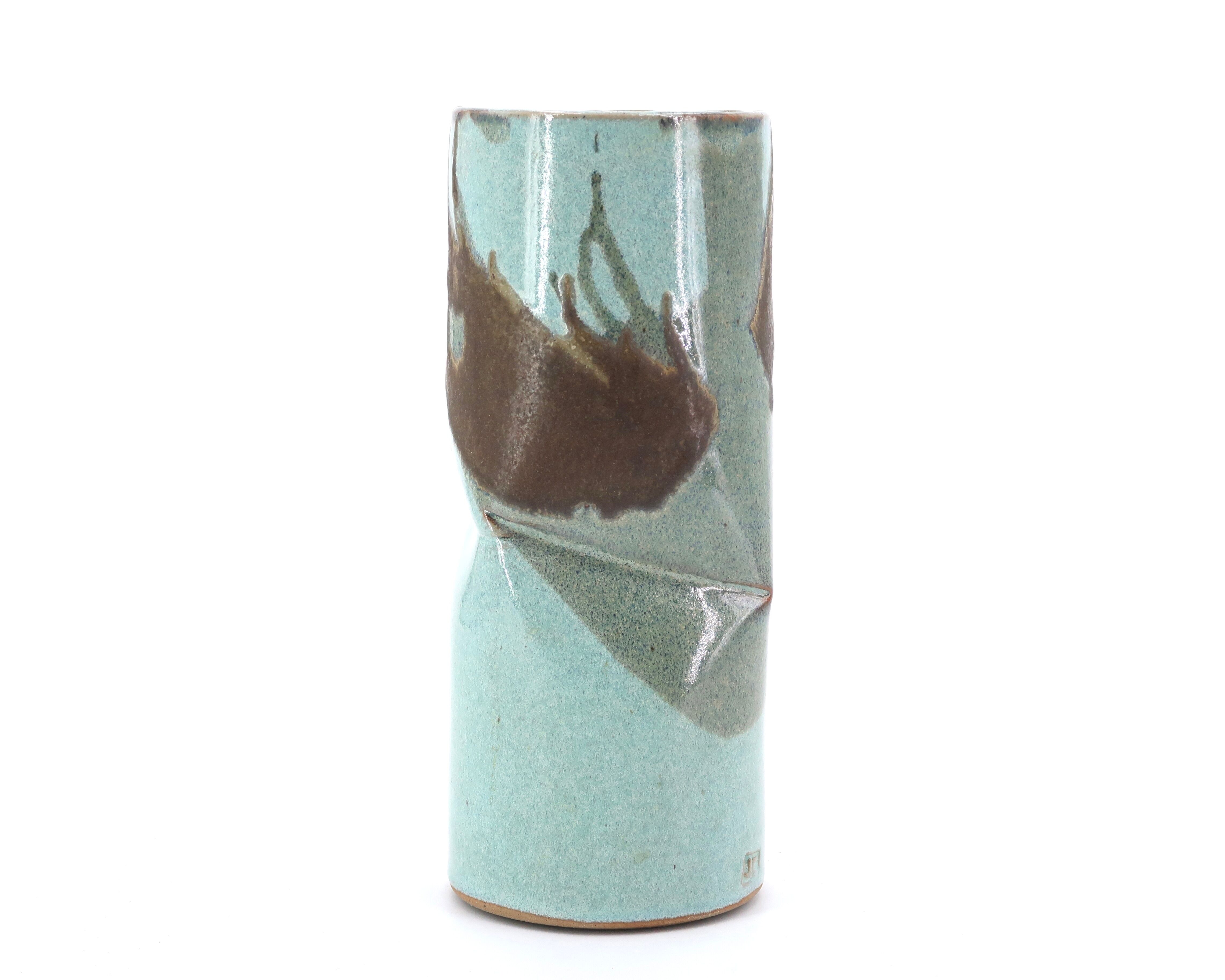 Blue vase with abstract ceramic decor by Jean Cacheleux
