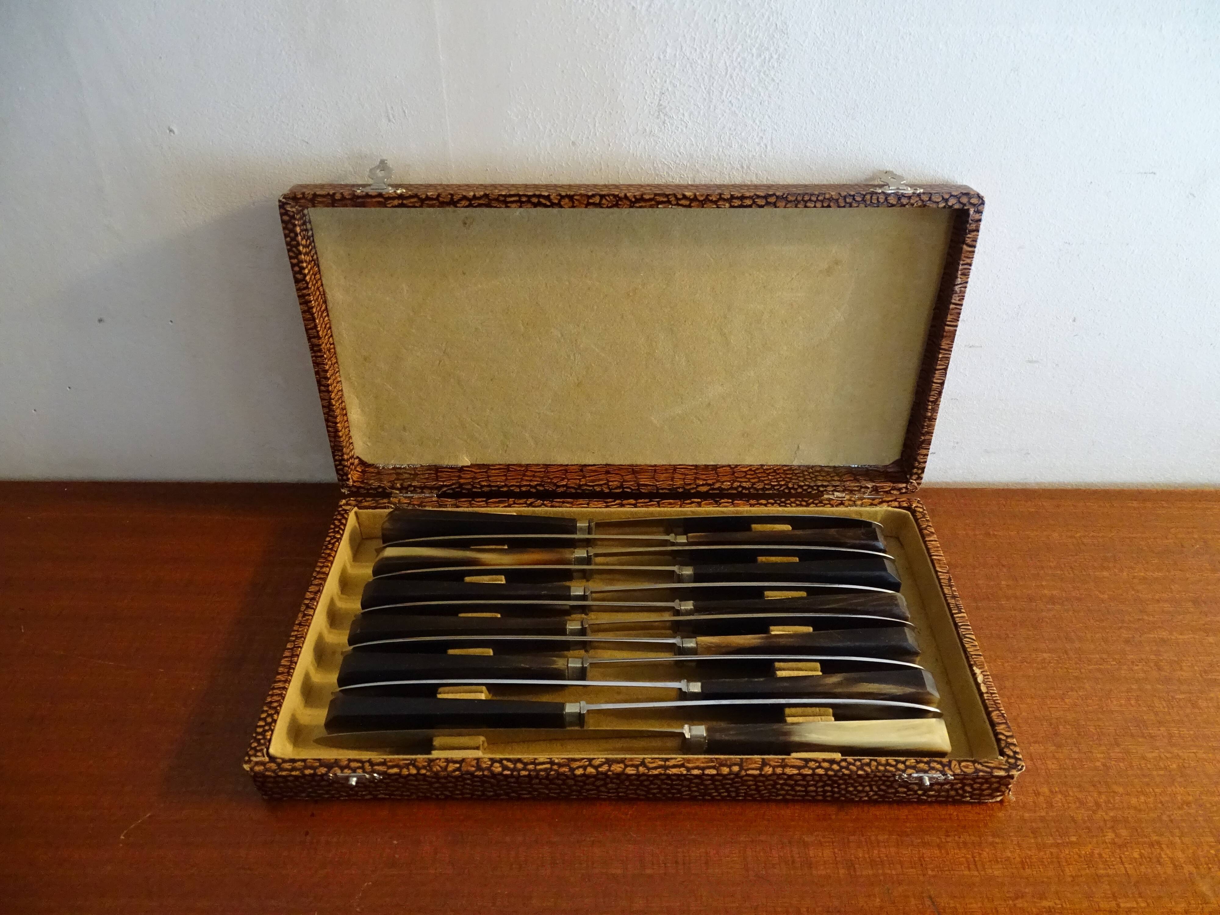 12 vintage dessert knives Pradel horn sleeves in case