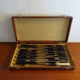 12 vintage dessert knives Pradel horn sleeves in case