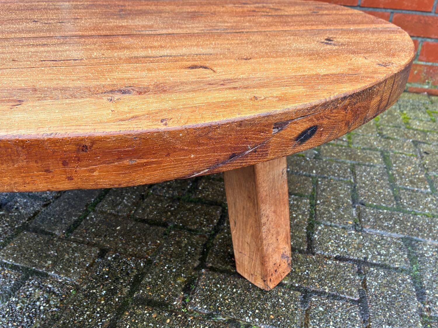 Brutalist oak coffee table thee legs