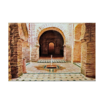 Dessin original au pastel. Alcazaba (Jérès). Paysage urbain.