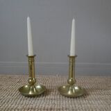 Pair of brass push-button candlestick holders in gold metal, bohemian country decoration