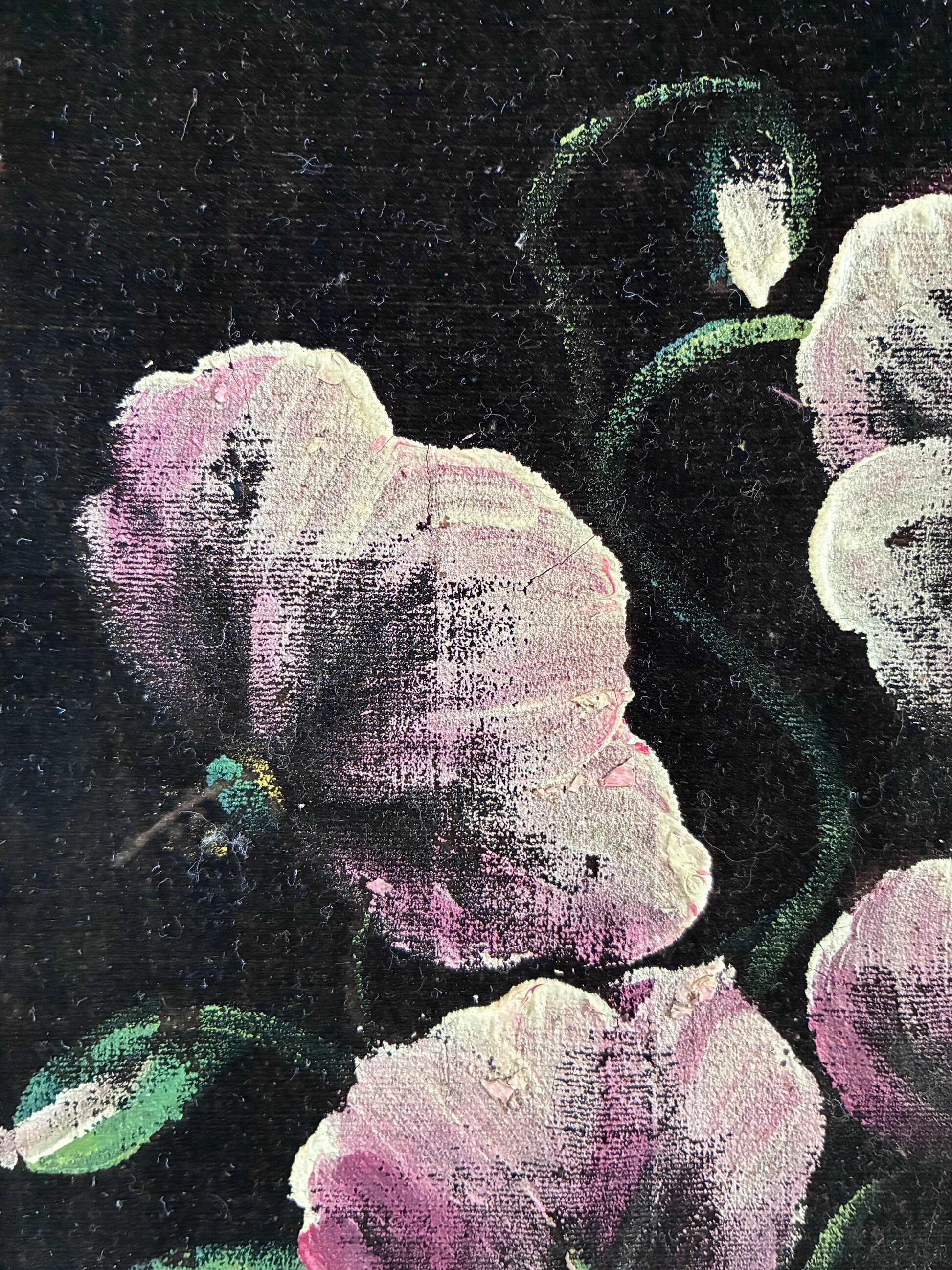 Set vintage original velvet flower oil painting, pair of flower still life art