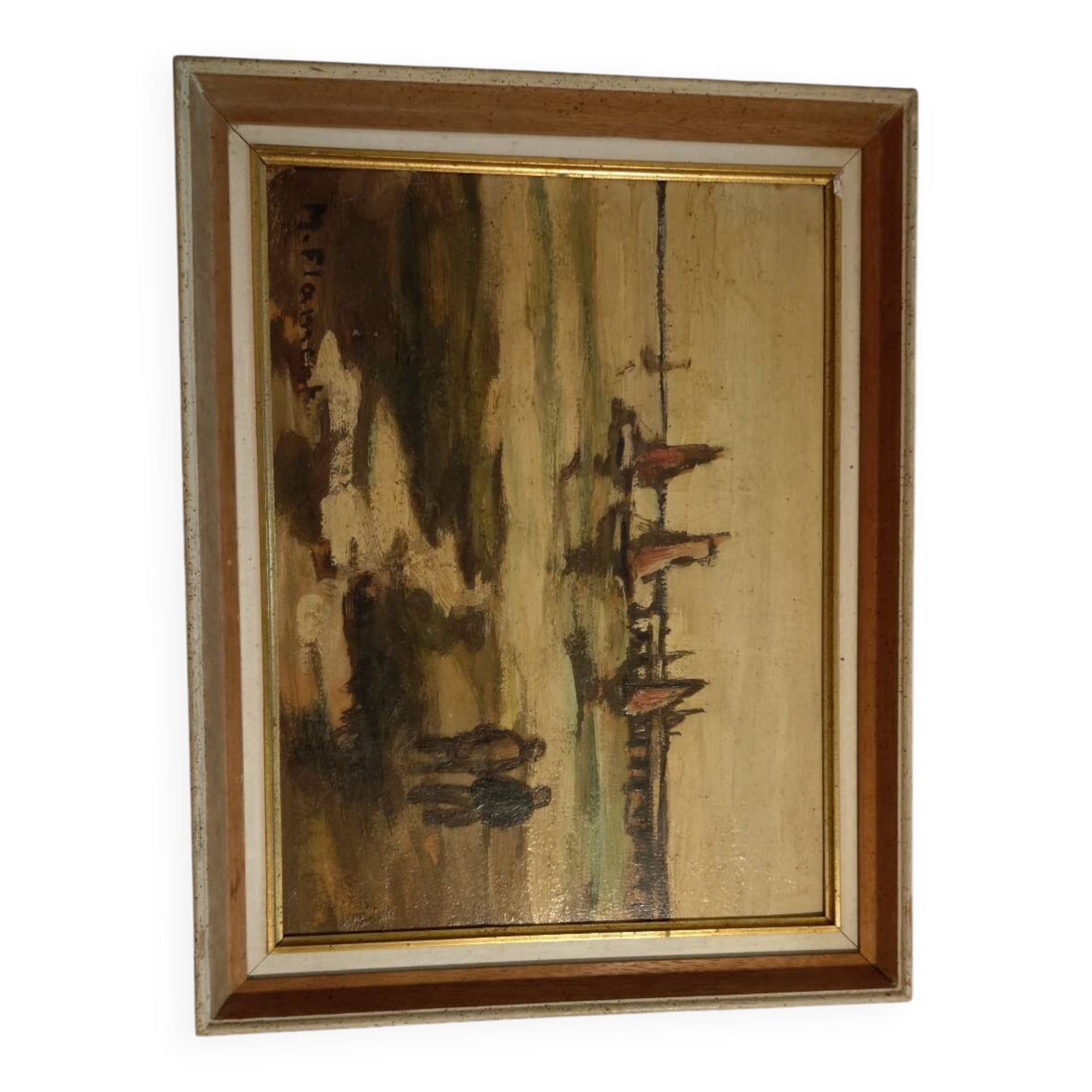 Vintage oil painting “Low tide and sailboats” – M. Florent –