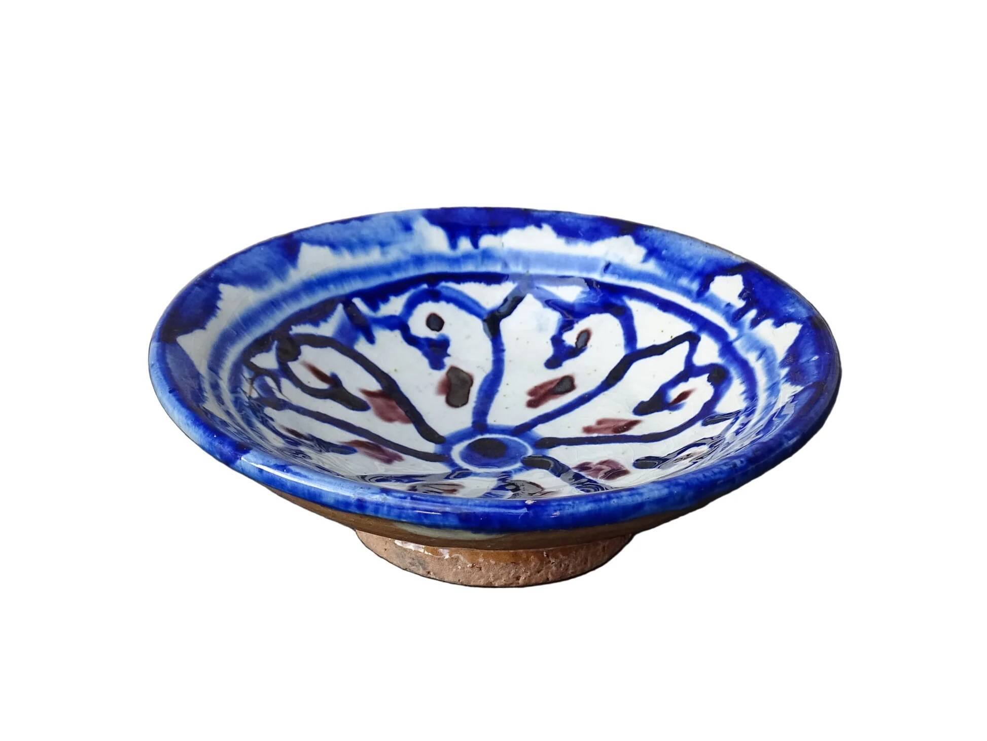 Petit plat marocain vintage en céramique à motif émaillé bleu