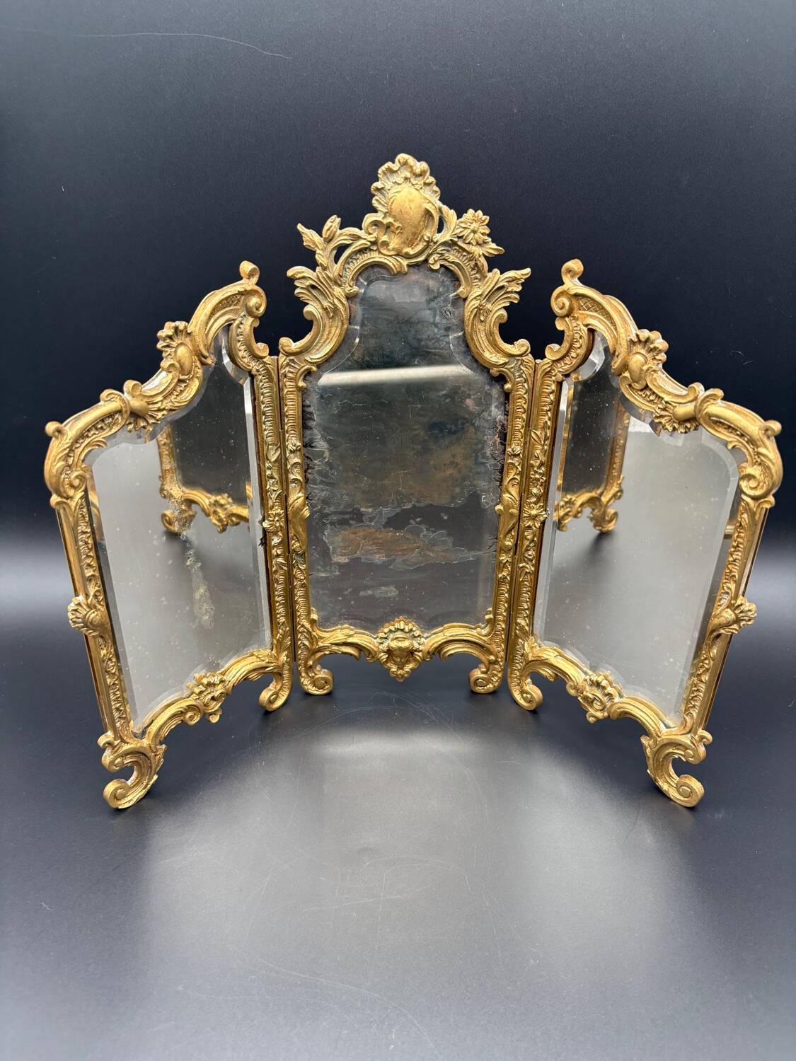 Miroir Triptyque, Bronze Doré, vers 1900.