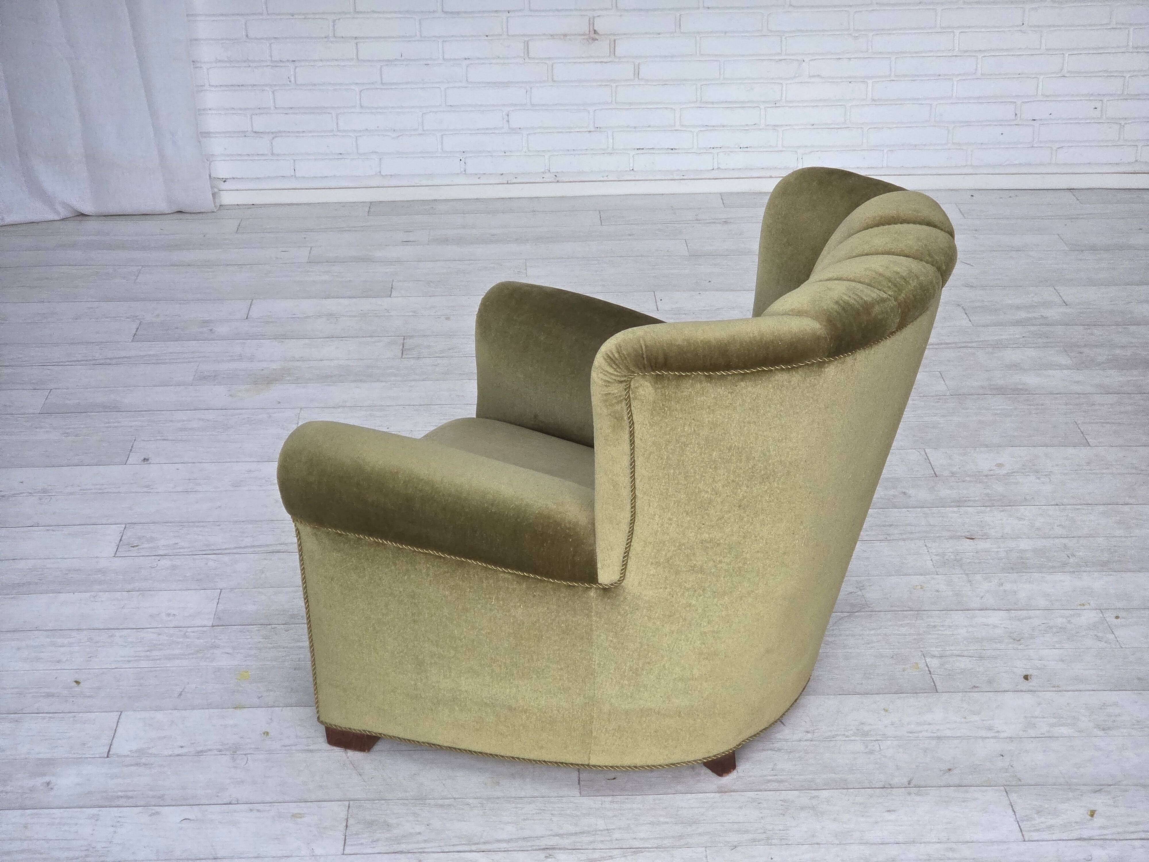 1960s, Danish relax armchair, original green furniture velour, beech wood.