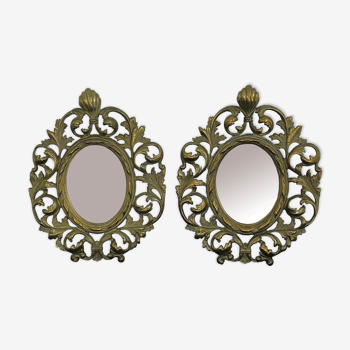 Antique, paire miroir ovale, médaillon, bronze doré, décor coquille et palettes, début XXème, France