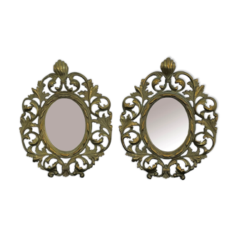 Antique, oval mirror pair, medallion, gilded bronze, shell decoration and palettes, early twentieth century, France