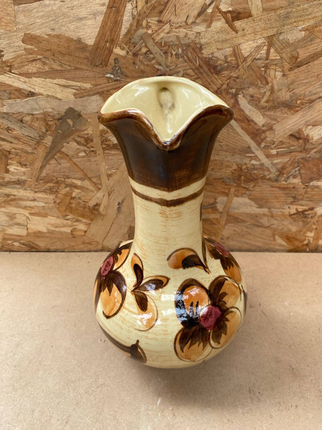 Antique JASBA Ceramic Pitcher Brown Beige Flower Decor Germany Vintage #B243