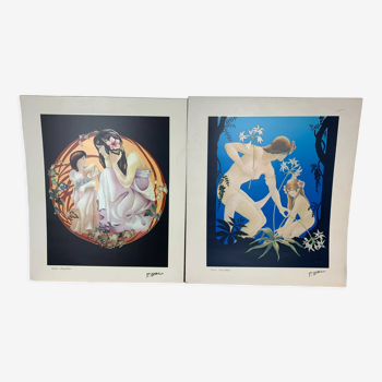 2 Art Nouveau silkscreen prints Promotec workshop signed P. Opal