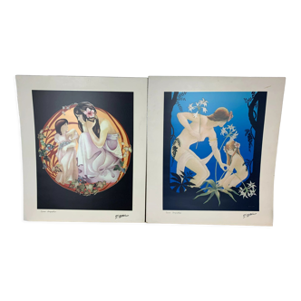 2 Art Nouveau silkscreen prints Promotec workshop signed P. Opal