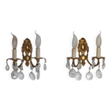 Pair of antique 2-light wall sconces in bronze with crystal pendants, Spain.