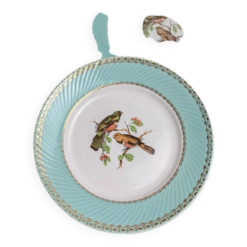 Set of 8 vintage Badonviller flat plates – Bird design, mint green and gold embellishment.