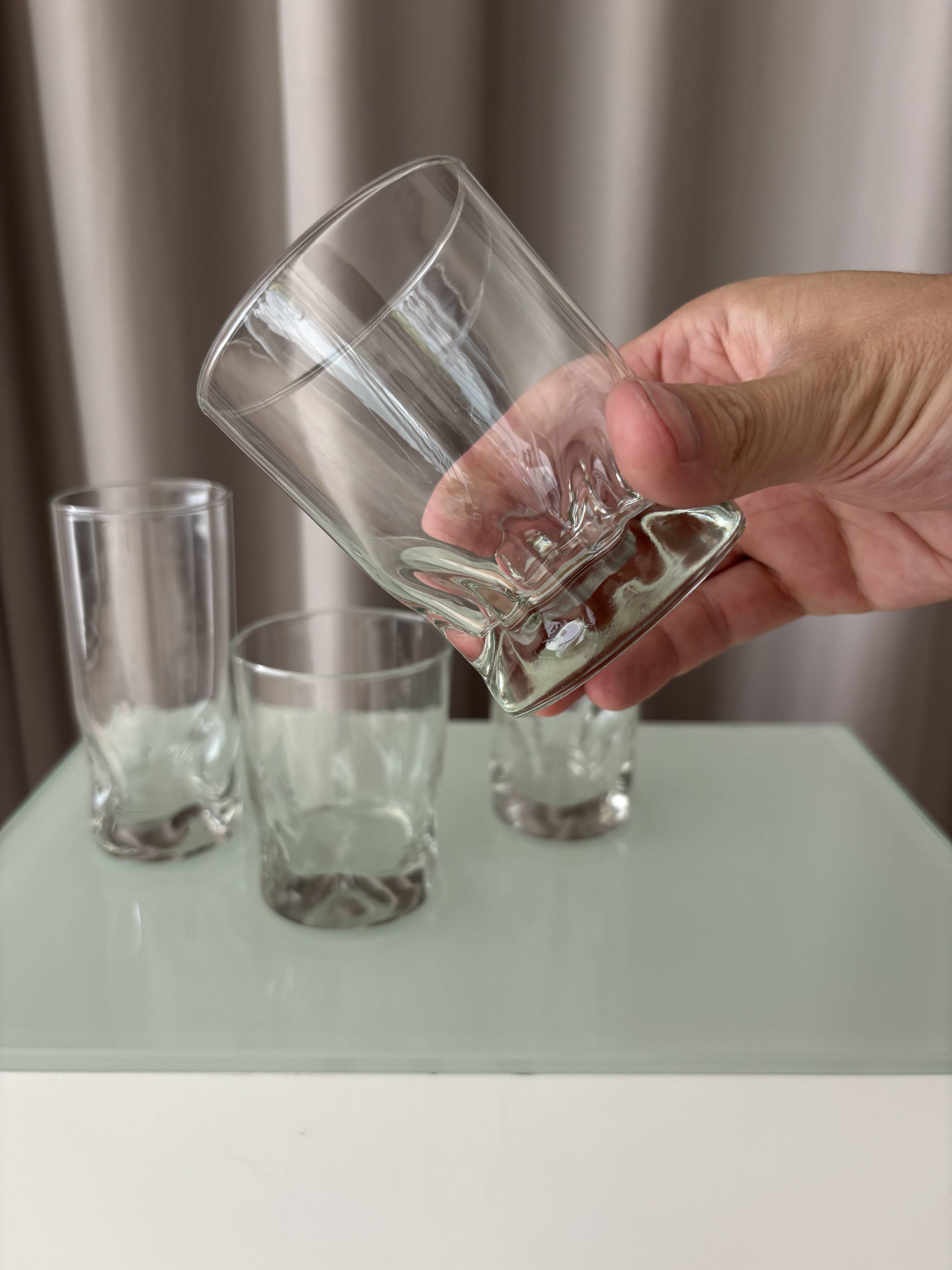 Set of 4 Vintage Sculptural Drinking Glasses | Thick Glass Tumblers & Highb