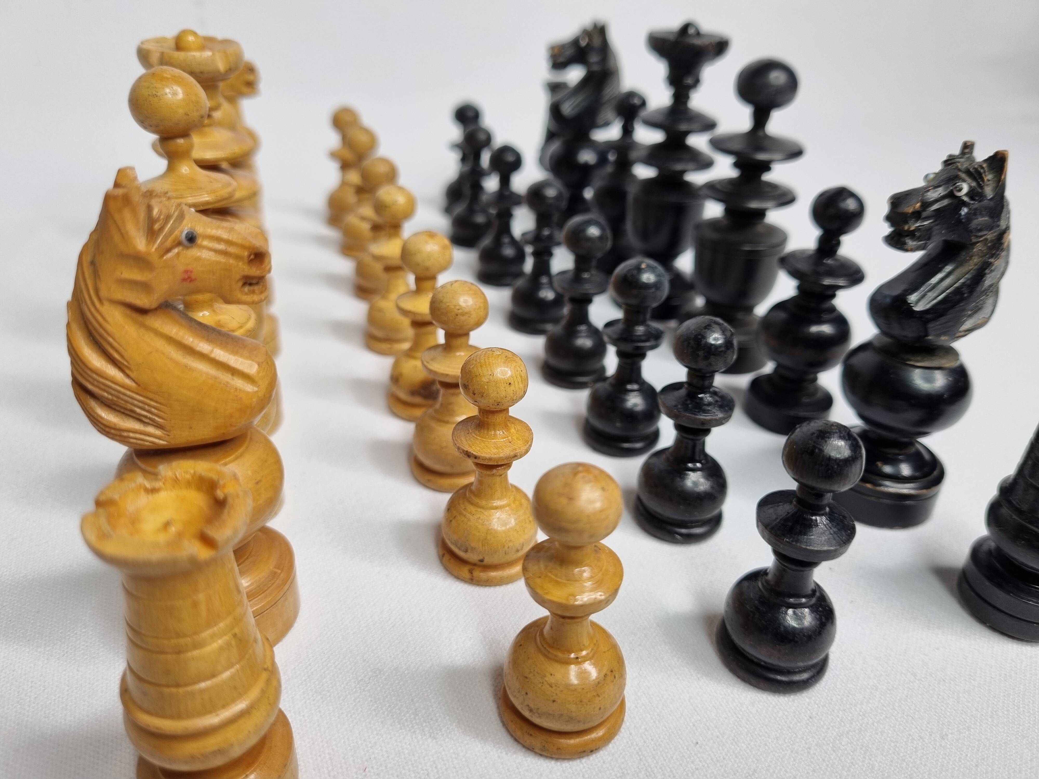 Vintage Hand Carved Wooden Chess Set, 1930s, King Height 8cm