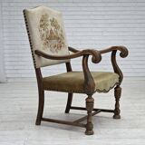 Fauteuil danois à dossier haut des années 1950, en laine tissée à la main, velours, bois de chêne sculpté.
