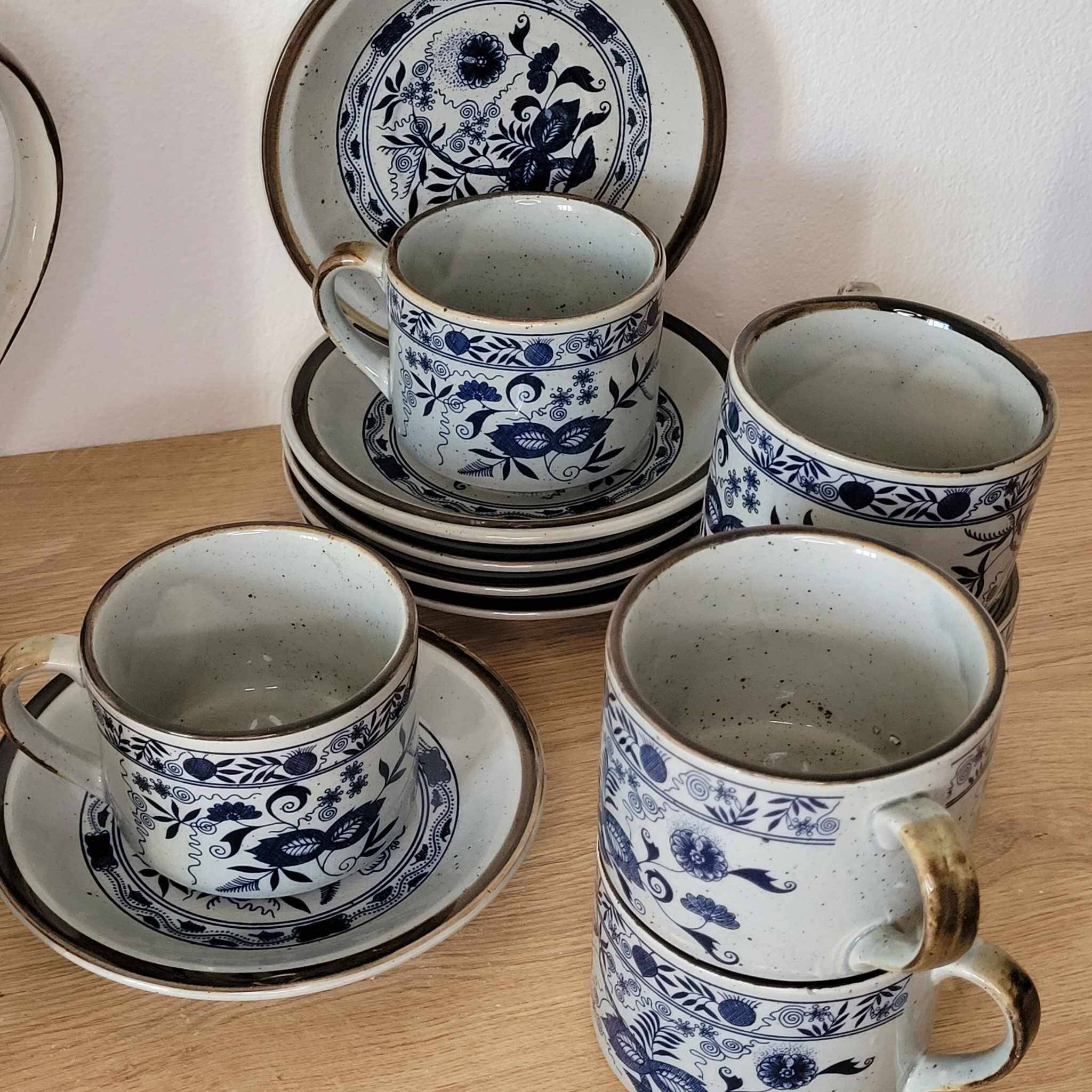 Japanese stoneware tea set with blue danube "blue onion" pattern