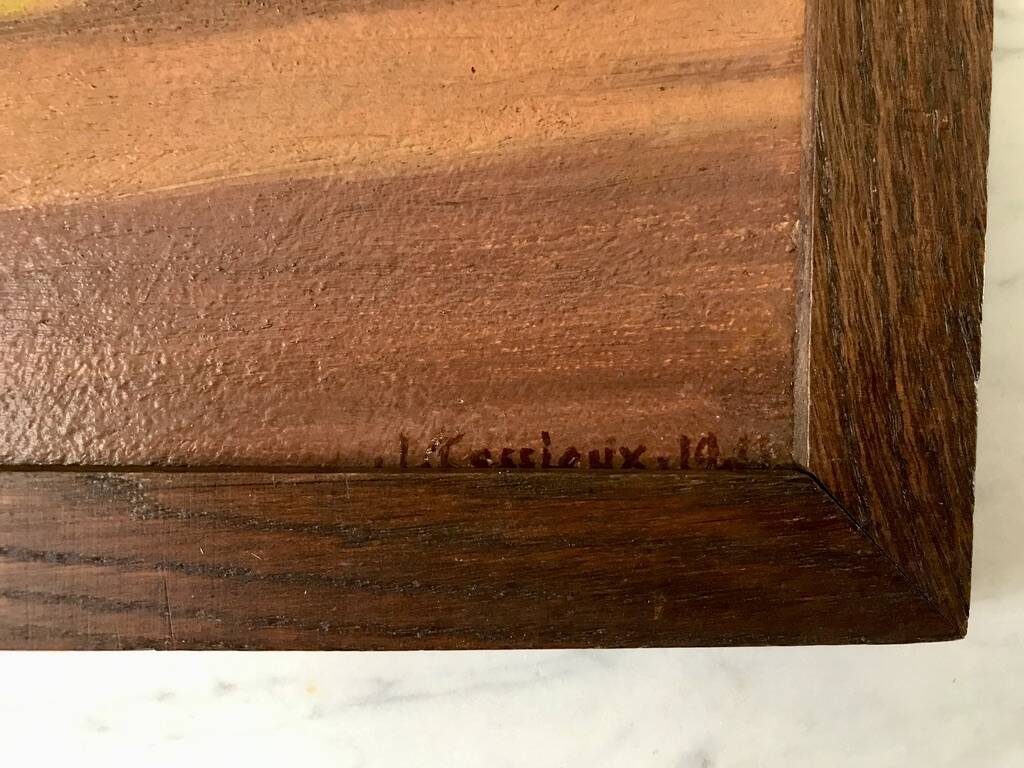 Oil painting on cardboard landscape river signed 1941