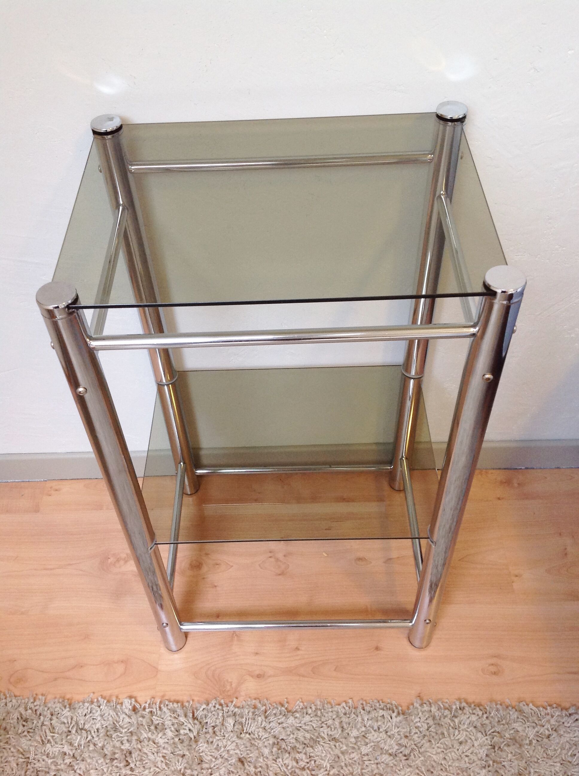 Two-tray console in smoked glass and chrome metal / vintage 70s-80s