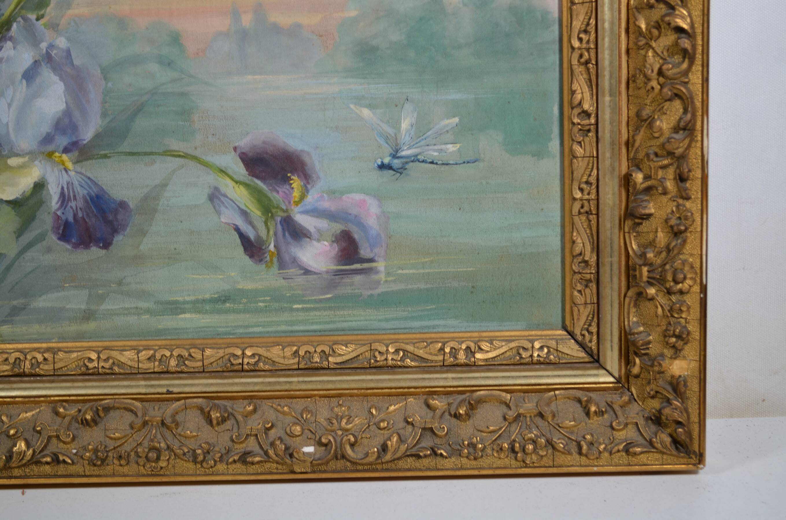 French School circa 1900 “Irises and dragonflies” Painted silk.