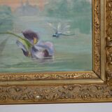 French School circa 1900 “Irises and dragonflies” Painted silk.