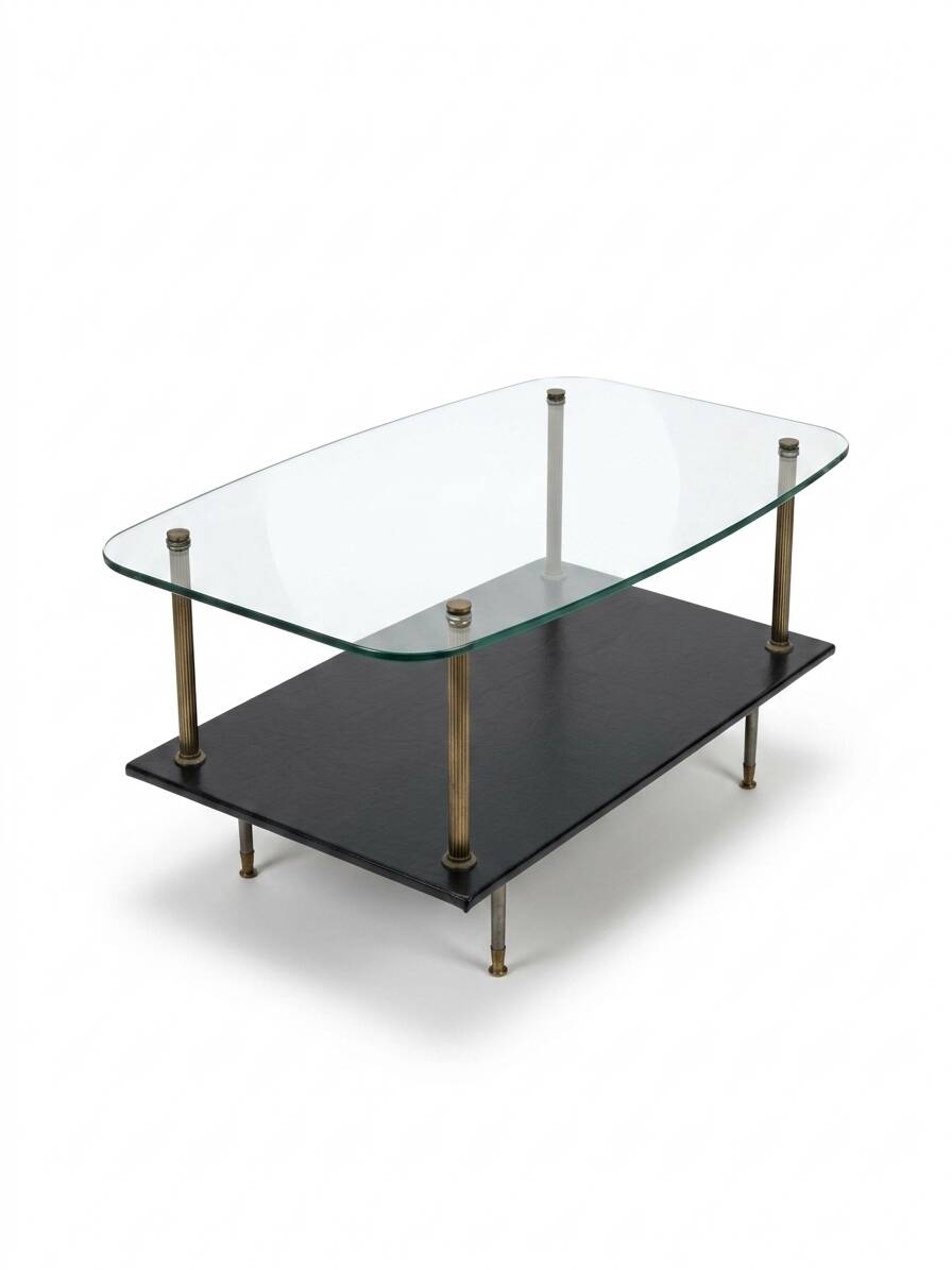 Vintage coffee table from the 1960s, glass, faux leather, brass.