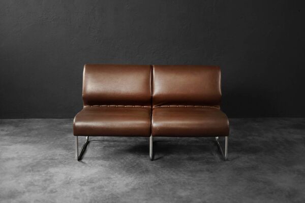 Mid-century modern German vintage canapé lounge, 2-seater, brown steel frame.