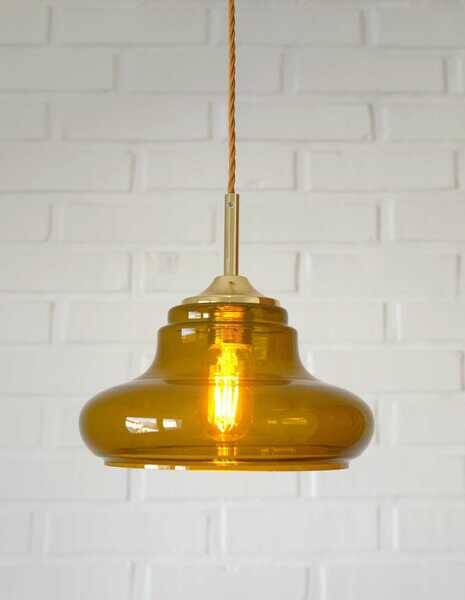 Hand-blown amber glass pendant light: MCM retro bar golden hanging lamp