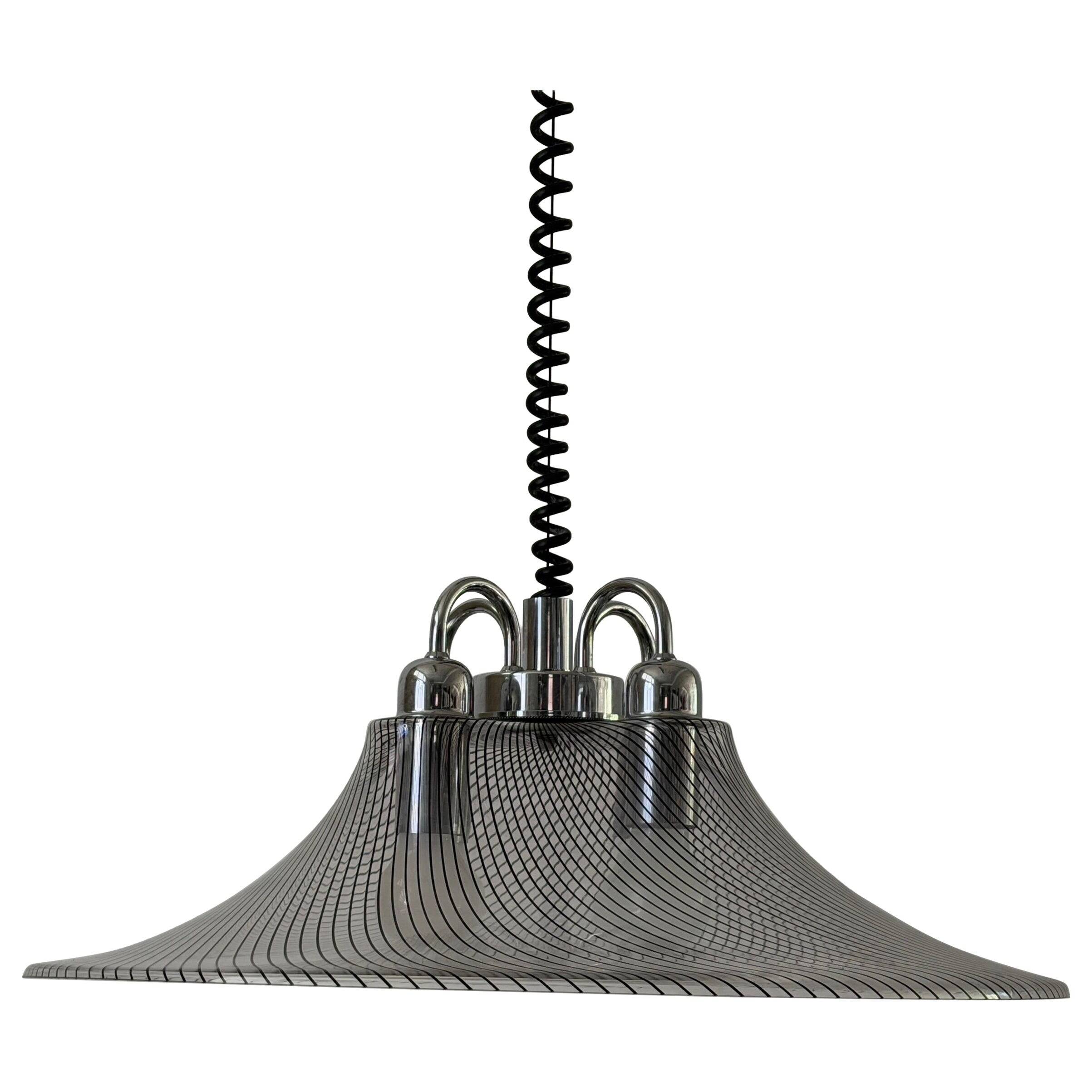 Suspended lamp with 4 sockets, chrome body and plexiglass shade, 1970s, Germany.