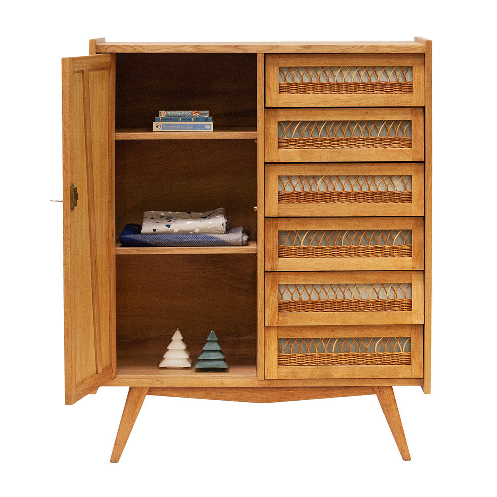 Meuble de rangement en rotin vintage années 50
