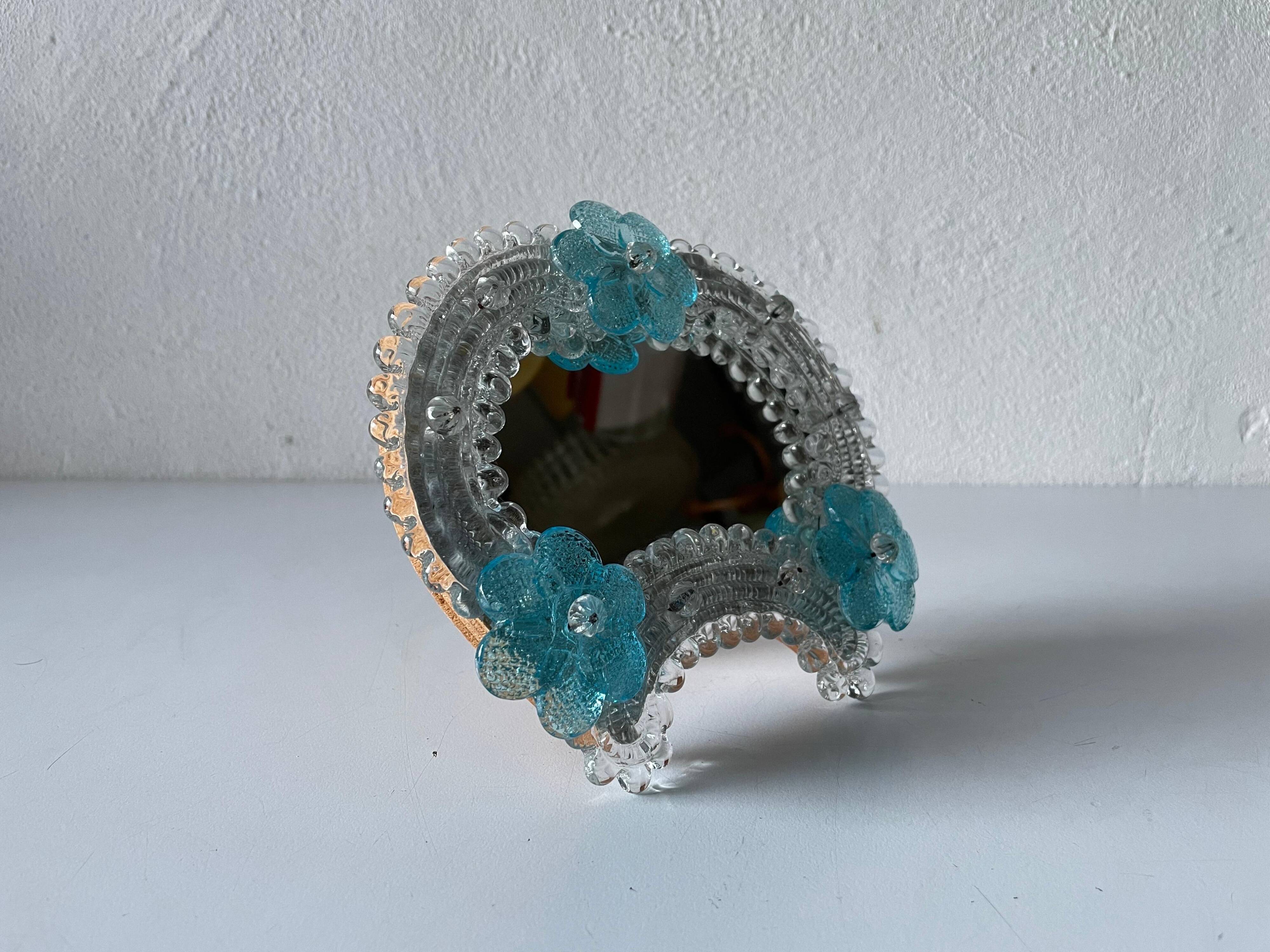 Small blue and white glass table or wall mirror from Murano, 1960s, Italy.