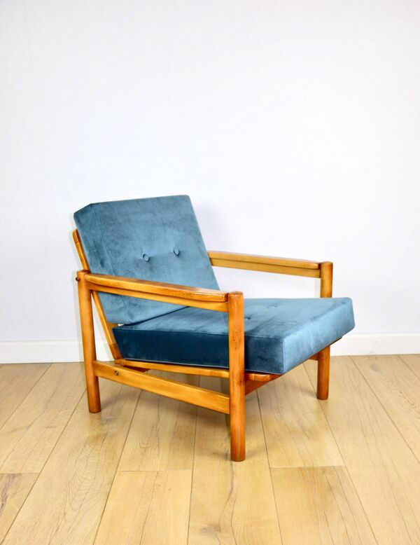 Fauteuil vintage en bois marron et bleu mer design par Z. Bączyk - bois clair