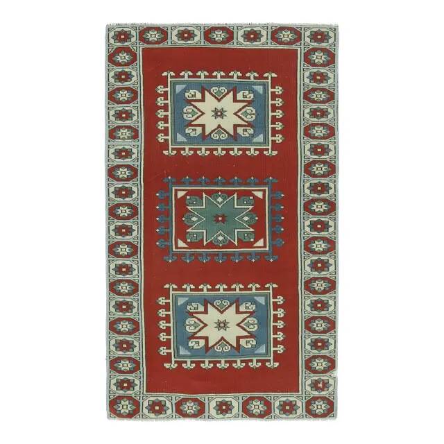 Vintage Turkish Hand-Knotted Wool Cotton Red Runner 110x193