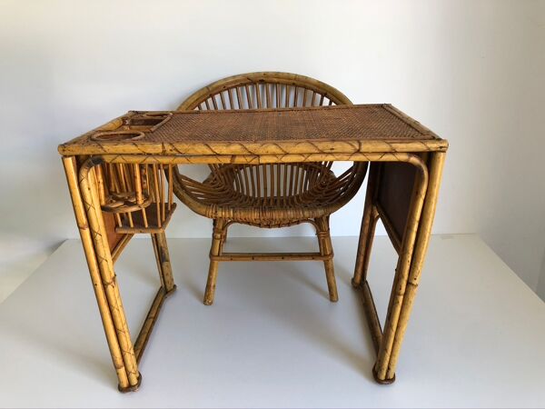 Bureau enfant en rotin avec son fauteuil