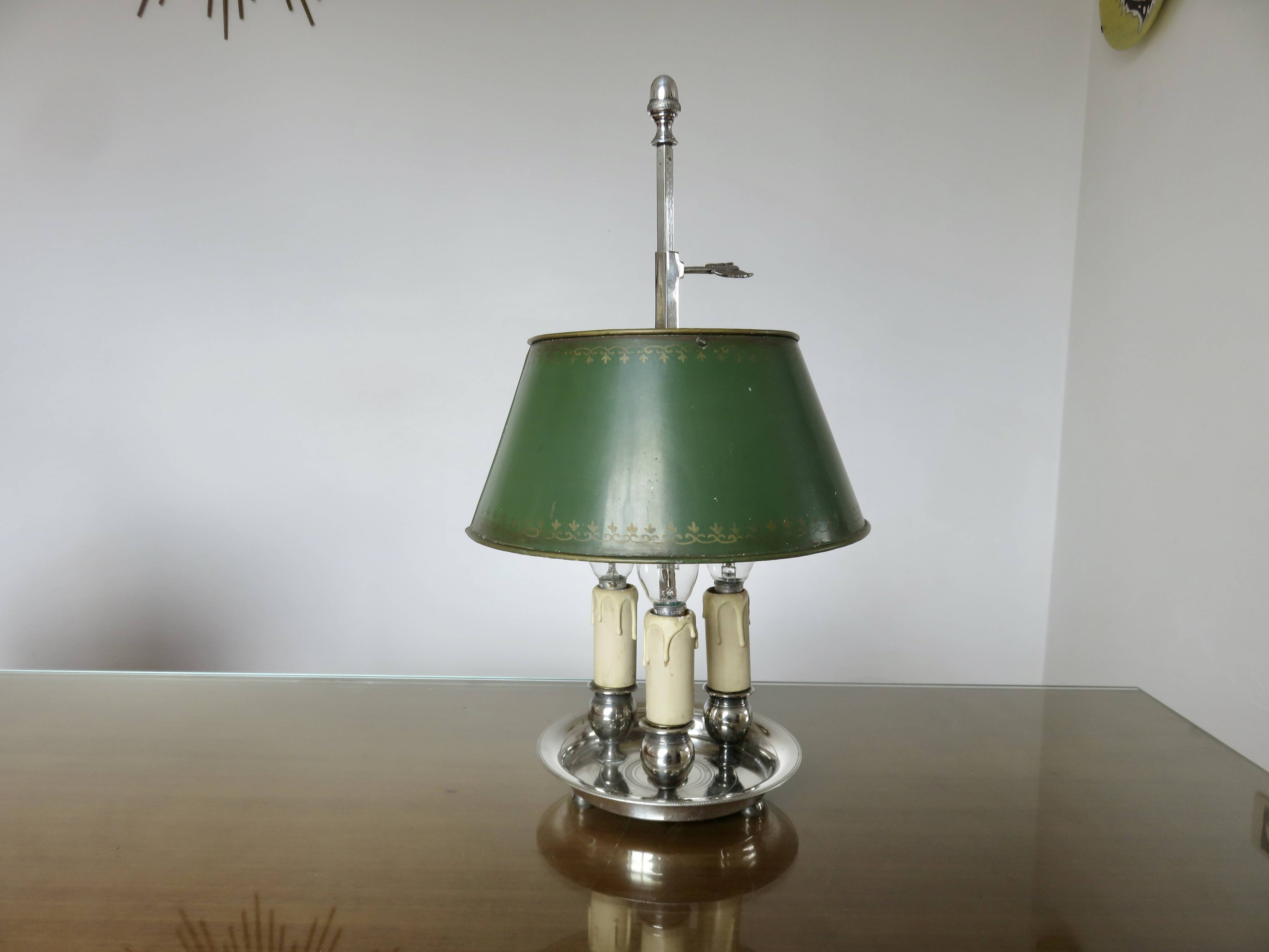 Authentic antique bouillotte lamp in chrome bronze with 3 lights, 1930s.